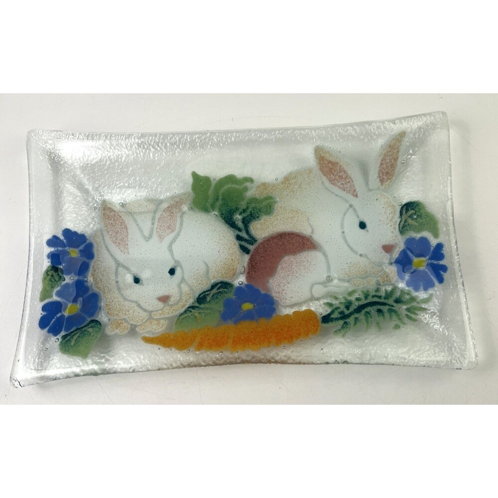 Peggy Karr Spring Easter Bunny Garden Fused Art Glass Tray Dish 9.5" Signed